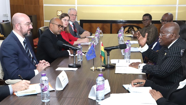 President Akufo-Addo interacting with Charles Michel (left), President of the European Council, with their respective teams in the meeting. Picture: SAMUEL TEI ADANO 