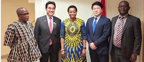 Genevieve Edna Akpaloo (middle), Ghana's Ambassador to Japan, with the guests at the dinner. They include Yaw Boadu-Ayeboafoh (left), Chairman of NMC, and Prof. Amin Alhassan (right), Director-General of GBC