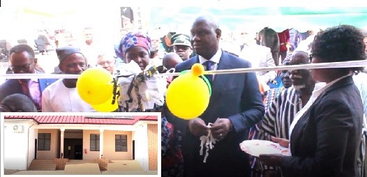 Justice Anin Yeboah (middle) inaugurating the facility at Nalerigu. With him are Yidana Zakaria (2nd from left), North East Regional Minister and some officials of the Judicial Service. INSET: Front view of the court complex at Nalerigu