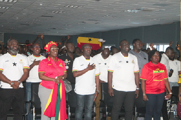  Vice-President, Dr Mahamudu Bawumia (3rd right) joins some dignitaries at the Accra Digital Centre to sing the national anthem before the Black Stars kick-off. Picture: MAXWELL OCLOO 