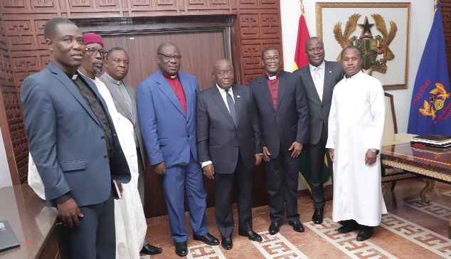 President Akufo-Addo with the religious leaders at the Jubilee House. With them is Samuel Abu Jinapor, Minister of Lands and Natural Resources. Picture: SAMEUL TEI ADANO