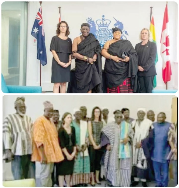 TOP: Daasebre Osei Bonsu II (2nd from left), Mamponghene, and Nana Agyakoma Difie II (2nd from right),  the Mamponghemaa, with Harriet Thompson (left), the British High Commissioner, and an official of the commission DOWN: The delegation of the Ya-Na with Harriet Thompson (4th from right), the British High Commissioner