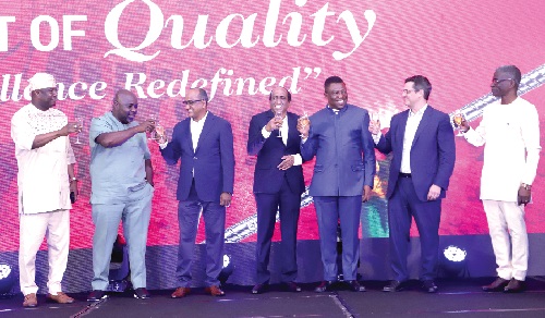 From left to right are Aliu Mahama, MP for Yendi, Michael Okyere Baafi (2nd from left), a Deputy Minister of Trade and Industry, Pillai Murughanandham (3rd left), Board Member, Fabrimetal Ghana Limited Night of Quality dinner. Picture: SAMUEL TEI ADANO