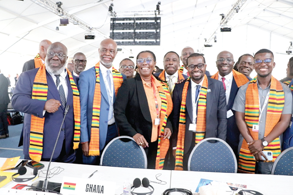Ursula Owusu-Ekuful (middle), Minister for Communications and Digitalisation, with Ghana’s delegation at the ITU Plenipotentiary in Bucharest, Romania. 