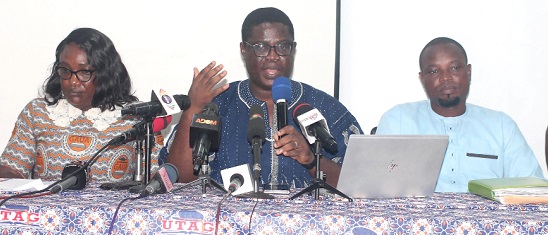 FLASHBACK: Prof. Solomon Nunoo (middle), National President, UTAG, addressing the news conference. With him are Dr Beth Offei-Awuku (left), President, Ghana Association of University Administrators, and Sulemana Abdul-Rahman, Chairman, Teachers and Educational Workers' Union. Picture: Maxwell Ocloo