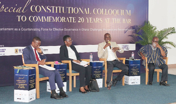 Haruna Iddrisu (2nd from right), Minority Leader, making some remarks during the 20th Anniversary Celebration and Special Constitutional Colloquium of the Ghana School of Law Class of 2002. With him are Alfred Tuah-Yeboah (left), a Deputy Attorney-General; Victoria Barth (2nd from left), Managing Partner, Sam Okudzeto and Associates, and Yaw Boadu-Ayeboafoh, Chairman, National Media Commission. Picture: Maxwell Ocloo