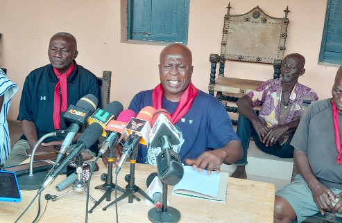 Nana Boakye Darkwa (right), Benkumhene of Asamang Tamfoe, addressing journalists on the shooting incident 