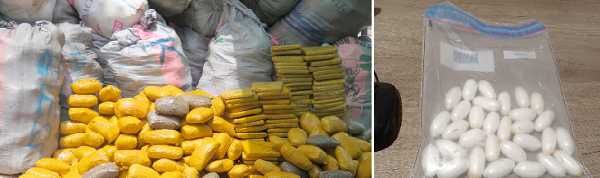 • White substances suspected to be cocaine seized at KIA (right) and cannabis bust at Woe in the Volta Region
