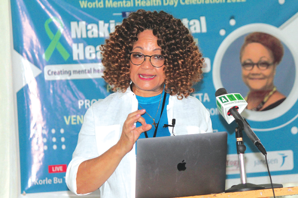 Prof. Angela Ofori-Atta, immediate past Head of the Department of Psychiatry, University of Ghana Medical School and Korle-Bu Teaching Hospital, delivering the lecture. Picture: Maxwell Ocloo