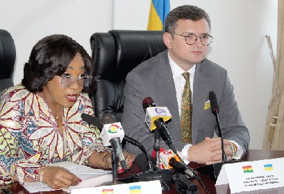 Shirley Ayorkor Botchwey (left), Minister of Foreign Affairs and Regional Integration, speaking at the meeting. With her is  Dmytro Kuleba (right), Minister of Foreign Affairs of the Republic of Ukraine. Picture: ESTHER ADJORKOR ADJEI