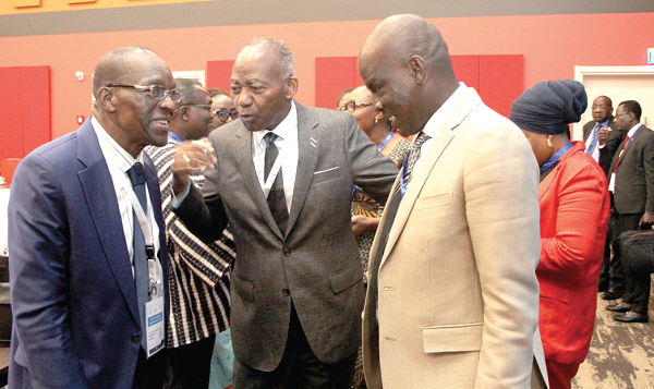  Bagbin (left), the Speaker of Parliament, interacting with Prof. Peter H. Katjavivi (middle), the Speaker of the National Assembly of Namibia, at the dialogue. With them is Haruna Iddrisu, the Minority Leader