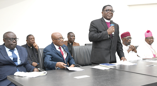  Most Rev Dr Paul Boafo, Presiding Bishop of the Methodist Church, addressing the press. With him are from left; Rev. Prof. Paul Frimpong-Manso, Assemblies of God Church, Emmanuel Baba Mahama, President of the Full Gospel Business Men’s Fellowship, Sheikh Armiyawo Shaibu, Representative of the Chief Imam, and Archbishop Philip Narmeh, President of the Catholic Bishops Conference. Picture: EBOW HANSON