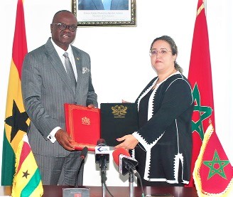 Kwaku Ampratwum-Sarpong (left), Deputy Minister of Foreign Affairs and Regional Integration, and Imane Ouaadil, Moroccan Ambassador to Ghana, exchanging the signed Instruments of Ratification between Morocco and  Ghana. Picture: Maxwell Ocloo