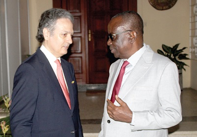 Albert Kan-Dapaah (right), Minister of National Security, interacting with Javier Gutierrez (left), Ambassador of Spain to Ghana, during the ceremony. Picture: ESTHER ADJORKOR ADJEI