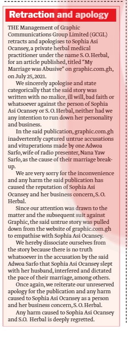 Retraction and apology to Sophia Asi Ocansey and S. O. Herbal