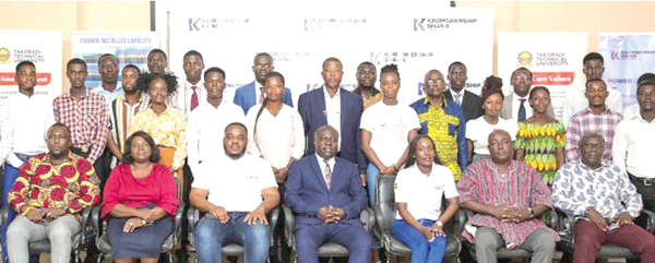 Rev. Prof. Frank Eshun (seated middle), Vice-Chancellor of Takoradi Technical University, and Sandra Amarquaye (seated 3rd from right), Corporate Communications Manager of Karpowership, with some officials of the two institutions and the students