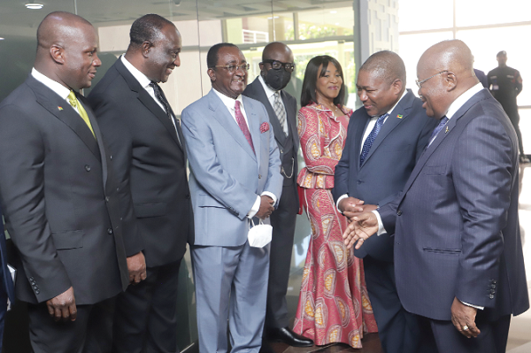 • President Akufo-Addo introducing some government officials to President Filipe Jacinto Nyusi of Mozambique (2nd from right) at the Jubilee House. Picture: SAMUEL TEI ADANO