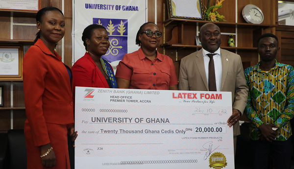 From (L-R) the Public Relations Officer of Latex Foam, Gifty E. Appiah (left) presenting the cheque to the officials of the university; Selina Saaka, Head, Students Financial Aid Office (SFAO); Senior Assistant Registrar, Pascaline Kuunzungla Songsore (Public Affairs Directorate), the Pro-Vice Chancellor, Academic and Students Affairs, of the University of Ghana, Prof. Gordon A. Awandare, and a beneficiary of the SFAO.