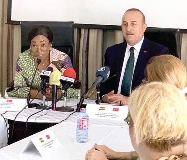 Shirley Ayorkor Botchwey (left), Minister of Foreign Affairs and Regional Integration, with Mevlut Cavusoglu, Minister of Foreign Affairs of the Republic of Turkiye, during their discussions in Accra