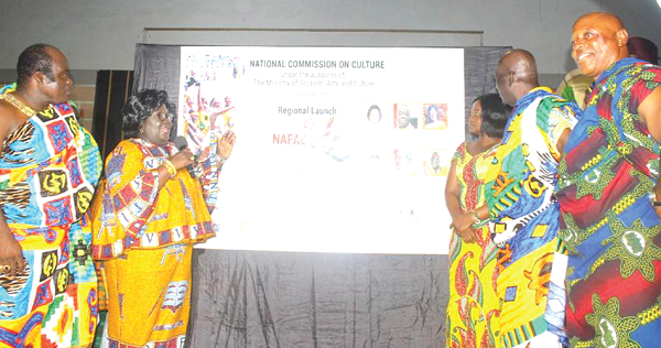 Janet Edna Nyame (2nd from left), Executive Director, National Commission on Culture, with Justina Marigold Assan (3rd from right), Central Regional Minister, and some traditional leaders launching the festival