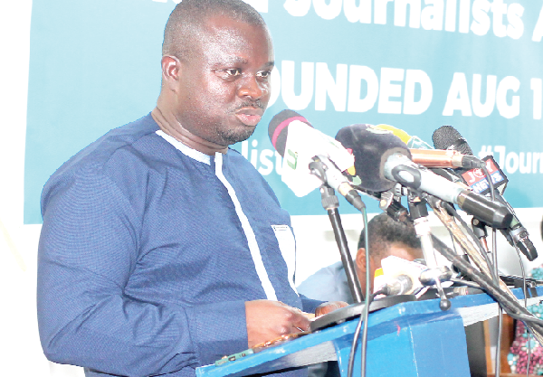 Albert Kwabena Dwumfour, President, Ghana Journalists Association, addressing journalists during the press conference. Picture: Maxwell Ocloo