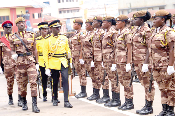 DDP Samuel Yaw Tannor, the Ashanti Regional Prisons Commander, inspecting his last parade during his pull out ceremony in Kumasi Picture: EMMANUEL BAAH