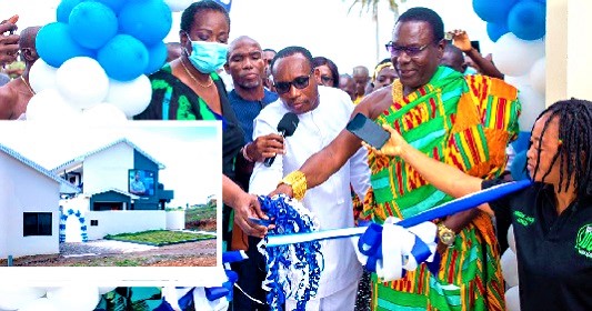 Nana Etease II (right), Divisional Chief of Kikam, Kwesi Bonzoh (2nd from right), the District Chief Executive of Ellembelle, and Cynthia Lumor, Deputy Managing Director of Tullow Ghana cutting the tape to inaugurate the dormitory block (INSET)