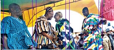Former President John Dramani Mahama (2nd from left), being welcomed to the durbar  ground at Saltpond. With them is E.K.T. Addo (left), Central Regional chairman of the NDC