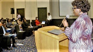 Florence Larbi, Chief Operating Officer, Environment &amp; Sanitation, Jospong Group, addressing participants in the programme. Picture: ERNEST KODZI