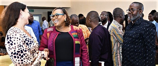 Mavis Hawa Koomson (2nd from left), Minister of Fisheries and Aquaculture, interacting with Ingrid Mollestad, Ambassador of the Royal Norweigian Embassy in Ghana, at the launch of the aquaculture conference and exhibition in Accra. Picture: EBOW HANSON    