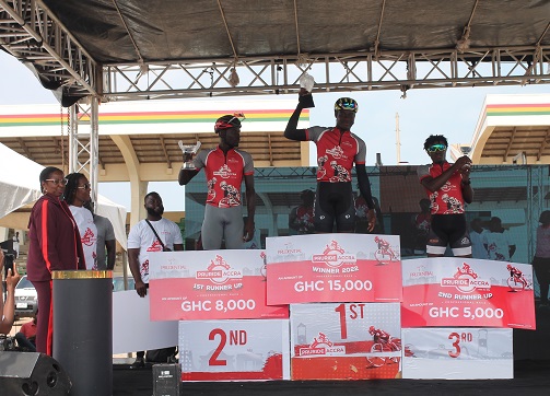 The winner Lawrence Adjei (middle) is flanked on the right by Anthony Boakye who came second and left by Frank Akuffo who placed third while the leadership of Prudential Life Insurance Ghana (left) look on