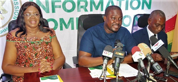 Yaw Sarpong Boateng (2nd from right), Executive Secretary, Right To Information Commission (RTIC), Ghana, addressing journalists at the news conference. With him are Justice K.A Ofori Atta (right), Board Chairman, RTIC, Ghana, and Elizabeth Asare (left), Deputy Board Chair, RTIC, Ghana. Picture: ESTHER ADJORKOR ADJEI