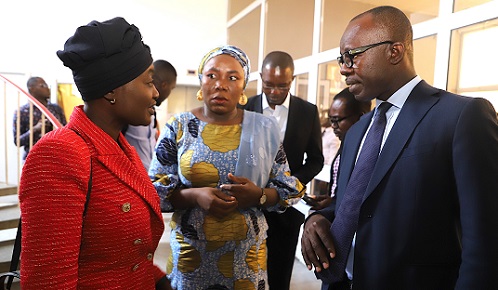 Ama Pomaa Boateng (left), Deputy Minister of Communications and Digitalisation, interacting with Fatimatu Abubakar (2nd from left), Deputy Minister of Information, and Albert Antwi-Boasiako (right), acting Director-General of the Cyber Security Authority. Picture: GABRIEL AHIABOR