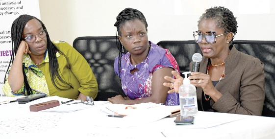  Clarrisa Kudowor (right), a Deputy Director of the Bank of Ghana, delivering the opening address at the inception forum. With her are Prof. Akosua Darkwa (middle), Convenor of NETRIGHT, and Patricia Blankson Akakpo, Programmes Manager, NETRIGHT. Picture: EBOW HANSON