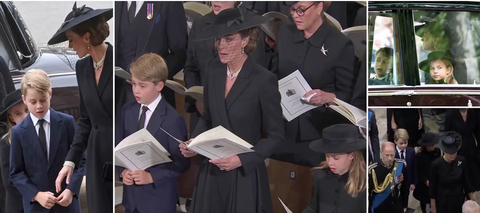 Prince George, 9, and Princess Charlotte, 7 - wearing a black hat - look solemn as they arrive at the Queen's funeral with their mother