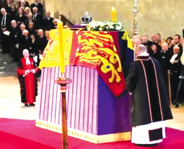 Queen Elizabeth's coffin at the Westminster Hall in London