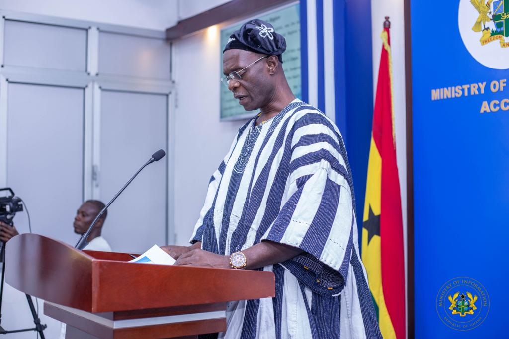 Alhaji Shani Alhassan Shaibu (right), Northern Regional Minister, addressing the press in Accra. Picture: ELVIS NII NOI DOWUONA