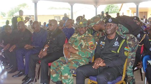 Ambrose Dery (4th right), Interior Minister; Dominic Nitiwul (3rd right), Minister of Defence; Dr George Akuffo Dampare (right), the Inspector-General of Police (IGP); Vice-Admiral Seth Amoama (2nd right), the Chief of the Defence Staff, at Bawku Naba's Palace in Bawku