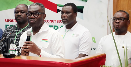 William Quaittoo, CEO, Tree Crops Development Authority inuagurating the SHS Coconut Model Project in Accra. With him are Samuel Dentu (right), Deputy CEO, GEPA, Davies Kwesi Korboe (2nd from right), Chairman of the Africa Coconut Group and Albert Kassim Dewura (left), Deputy C.E.O. in charge of Human Resource, GEPA. Picture: Samuel Tei Adano