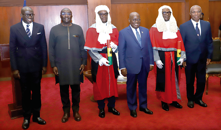 President Akufo-Addo (3rd from right); Vice-President Dr Bawumia (left); Justice Jones Dotse (right), acting Chief Justice; Godfred Yeboah Dame, Attorney-General and Minister of Justice, with the two Supreme Court Judges at the Jubilee House