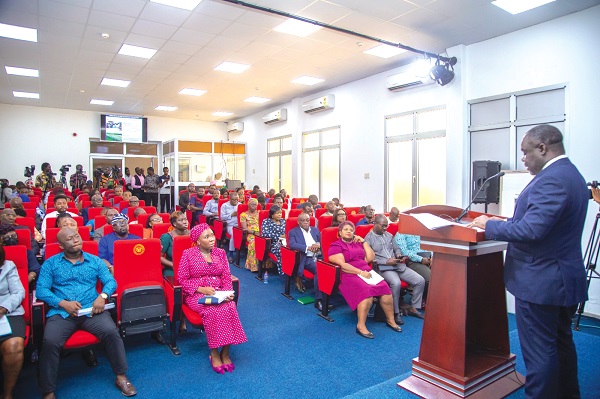 Kwaku Ofori-Asiamah, Minister of Transport, speaking at the Meet-the-Press series in Accra yesterday