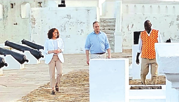 Kamala Harris, the US Vice-President, and her husband, Douglas Emhoff, being taken round the Cape Coast Castle by Essel Blankson (right), Director of Education at the Ghana Museums and Monuments Board. Picture: EMMANUEL BONNEY
