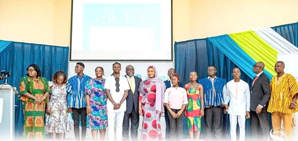 •  Samira Bawumia (middle), Second Lady, with the awardees at the Samira Bawumia Literature Prize awards ceremony