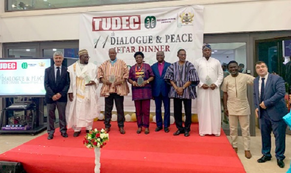 • Cafer Tepeli (1st from left), President of TUDEC Development Centre; Sheikh Abdul Mumin Haroun (2nd from left), the Ashanti Regional Chief Imam; Rev. Dr Johnson A. Mbillah (3rd from left), the Director of the Centre for Interfaith Studies at the Akrofi-Christaller Institute of Theology, Mission and Culture; Adelaide Anno-Kumi (4th from left), the Chief Director of the Ministry of the Interior, with other dignitaries after the ceremony