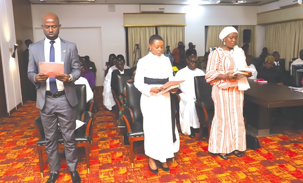 FLASHBACK:  Dr Peter Appiahene (left), Rev. Akua Ofori Boateng (2nd from left), and Hajia Salima Ahmed Tijani, the three EC appointees taking their oath of office