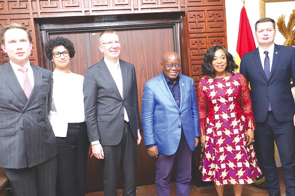 President Akufo-Addo (3rd from right), with Edgar Rinkevics (3rd from left), Latvian Foreign Minister, Shirley Ayorkor Botchwey (2nd from right), Minister of Foreign Affairs and Regional Integration, and members of the delegation after the meeting