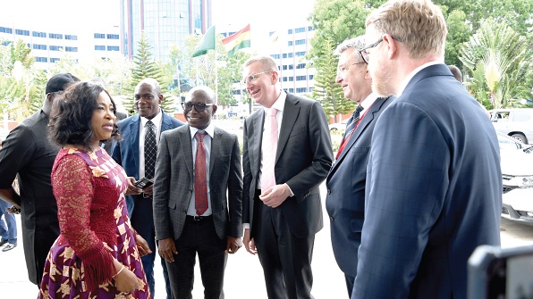 •  Shirley Ayorkor Botchwey (left), Minister of Foreign Affairs and Regional Integration, interacting with Edgars Rinkevics (3rd from right), Minister of Foreign Affairs of Latvia,  and some members of the delegation after the bilateral discussions. Among them is Prof. Elvis Asare Bediako (3rd from left), Vice-Chancellor of the UENR. Picture: EBOW HANSON