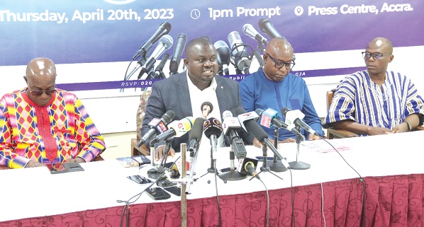 • Albert Kwabena Dwumfuor (left), President, Ghana Journalists Association, addressing the press conference. Picture: ELVIS NII NOI DOWUONA