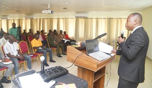 Francis Njennib Bibuksi, Principal Labour Officer, making a presentation on the World Day for Safety and Health in Accra 