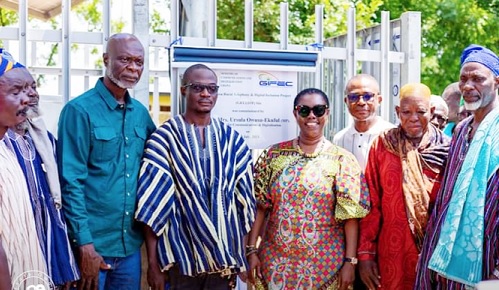 Ursula Owusu-Ekuful (arrowed), Minister of Communications and Digitalisation, in the company of Abdul-Salam Hamza Fataw (3rd from left), DCE for Kumbungu, Shani Alhassan Shaibu (2nd from left), Northern Regional Minister, after commissioning the sites
